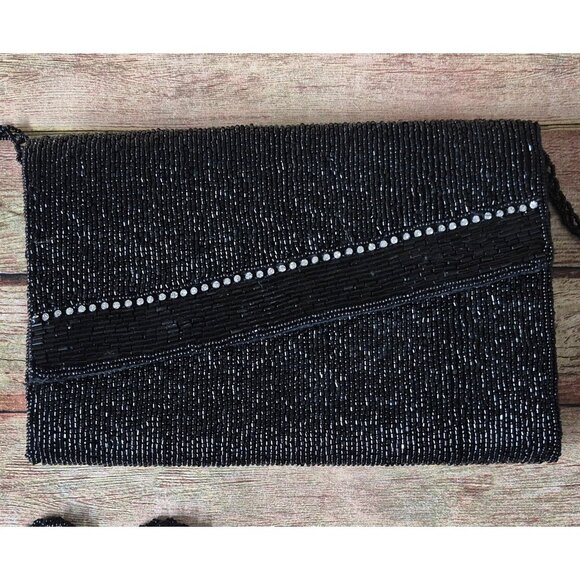 La Regale Vintage Evening Bag Black Rhinestone Beaded Clutch Purse Prom Formal - Picture 2 of 12